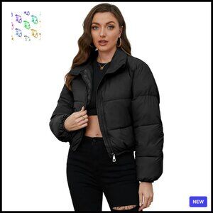 Cropped Puffer Jacket Quilted Lightweight Stand Collar Full Zip Chic Winter